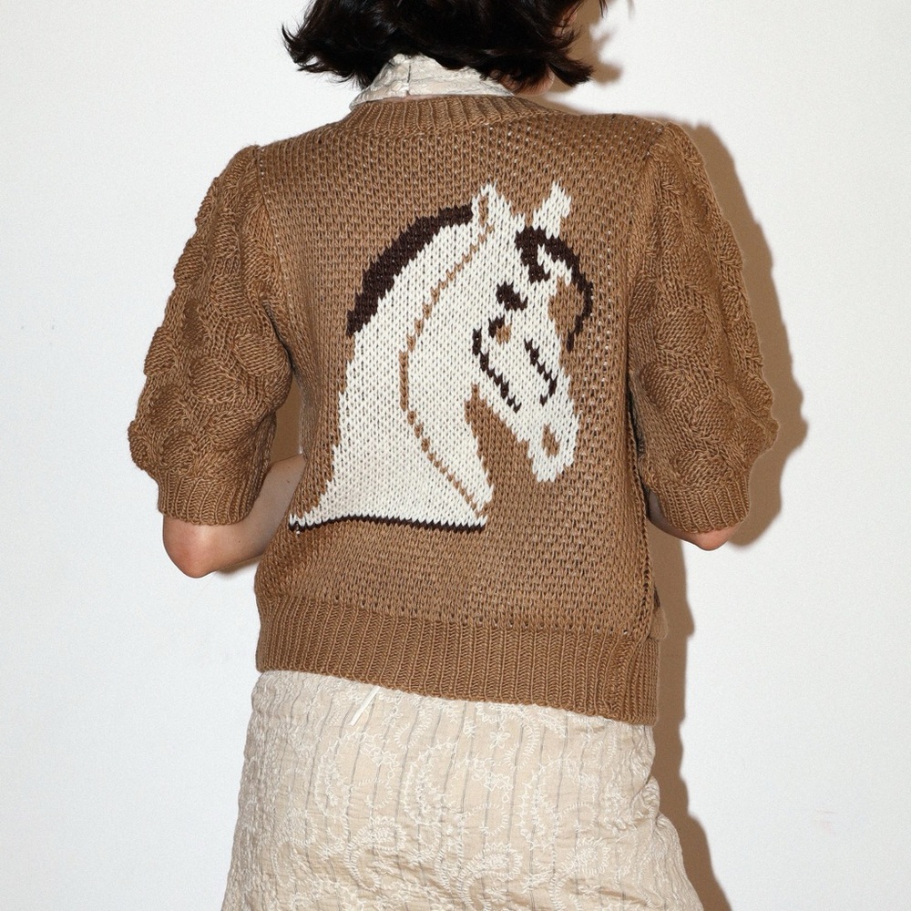 Bailey Rose Tan Horse Pattern Rodeo Sweater Cardigan S